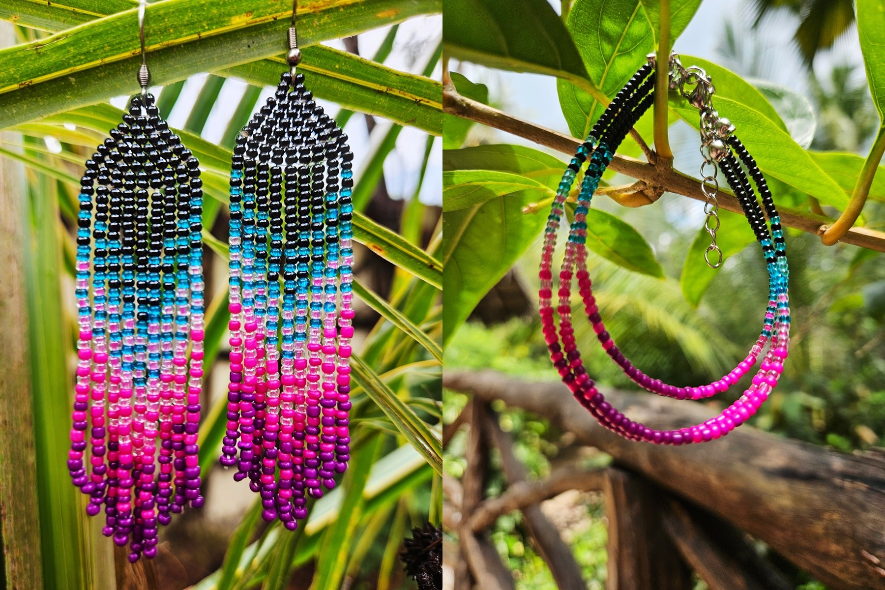 Sett - Mermaid Tails øreanheng og armbånd i rosa, turkis og sort