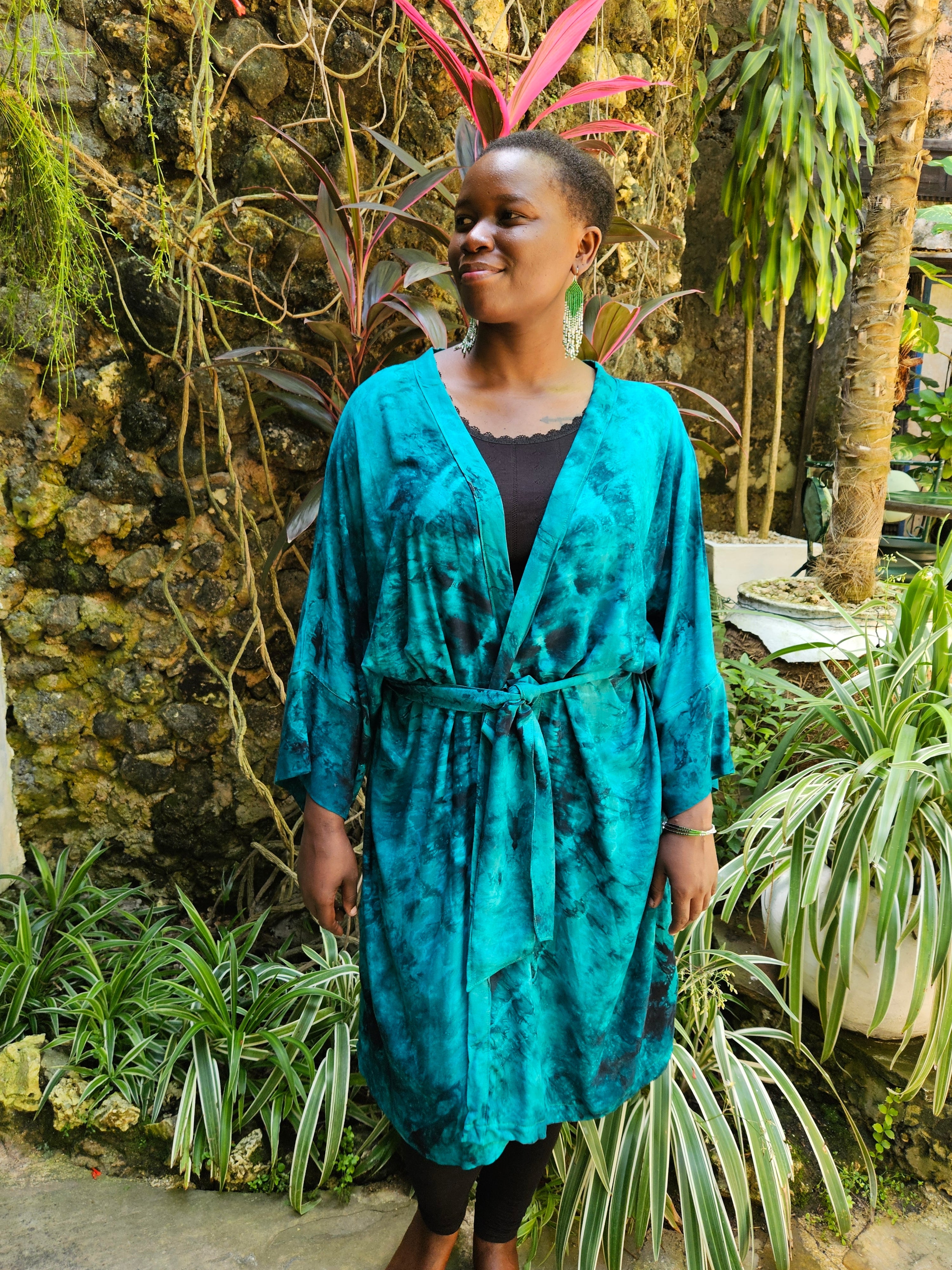 Batikk-kimono i turkis-grønn